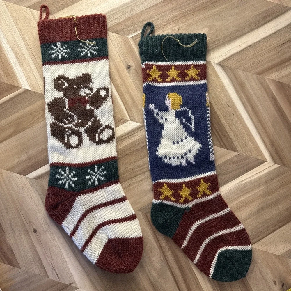 2 VTG XMAS Handknit Wool Chadwick Miller Stockings Angel & Teddy Bear Cottagecor